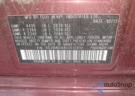 2013 Subaru Legacy 2.5I Premium from USA, damaged, VIN 4S3BMBC64D3036898